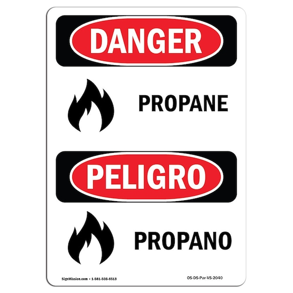 Safety Sign, OSHA Danger, 5" Height, Propano, Bilingual Spanish, 10PK